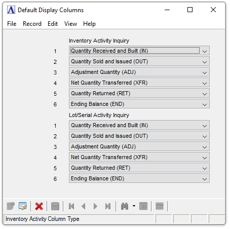 Default Display Columns menu