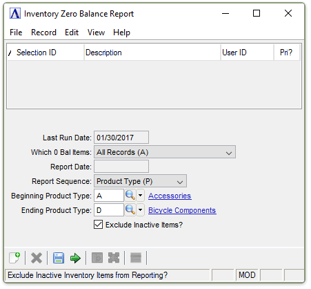Inventory Zero Balance Report menu