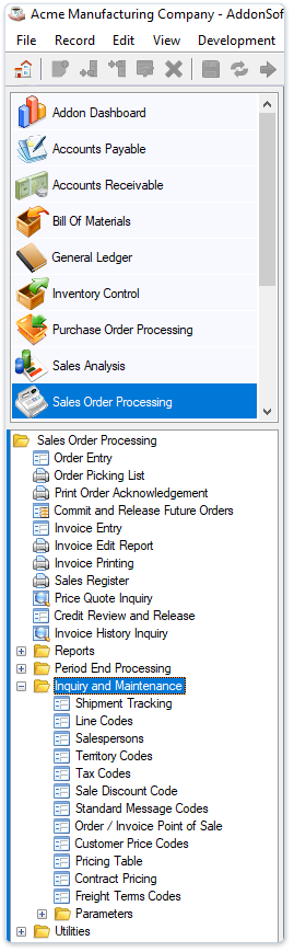 Sales Order Processing Maintenance menu