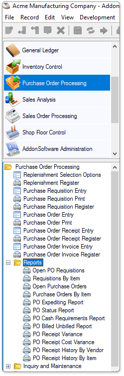 Purchase Order Processing Reports Menu