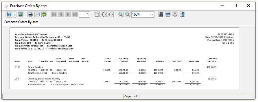 Purchase Order by Item Report output