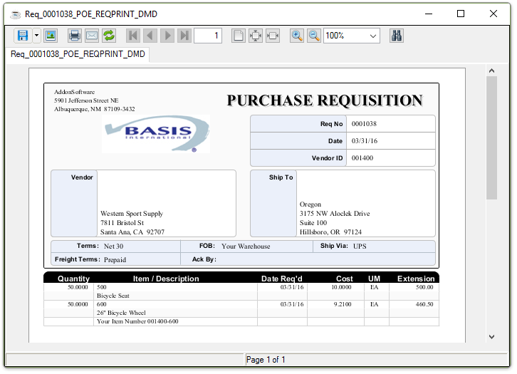 Purchase Requisition output