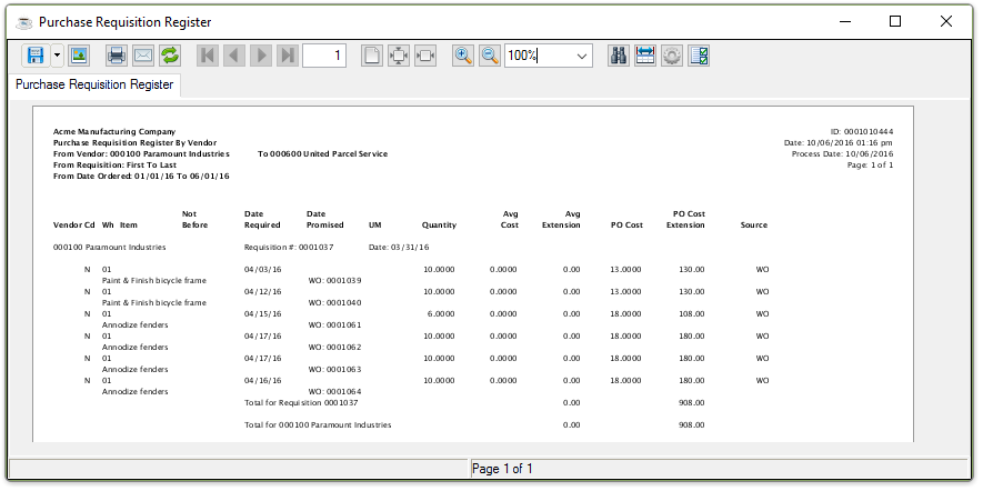 Purchase Requisition Register output
