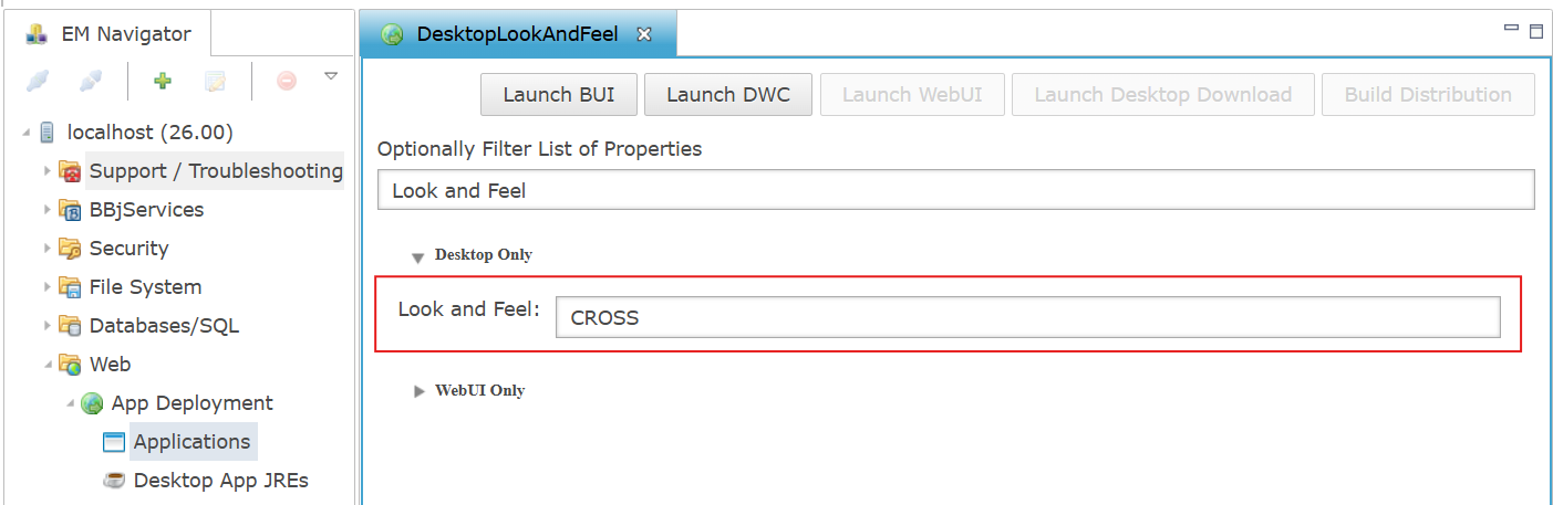 Look and Feel configuration option for Desktop apps in the Applications section of Enterprise Manager