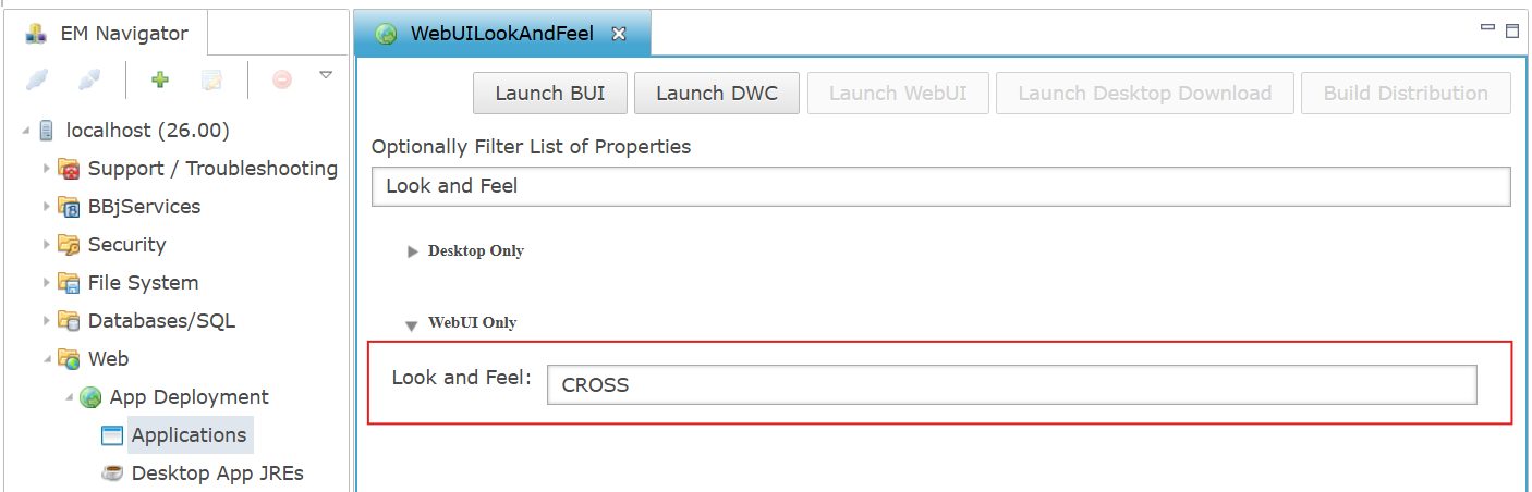 Look and Feel configuration option for WebUI apps in the Applications section of Enterprise Manager